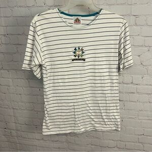 Vintage preppy nautical "Bye Bye" PTO Vallarta navy striped top gold anchor